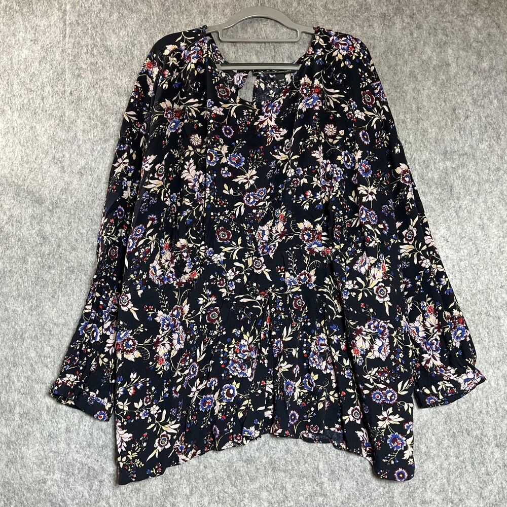 Lane Bryant Blouse Womens Plus 34 Black Floral Boho Long Sleeve Tunic Top